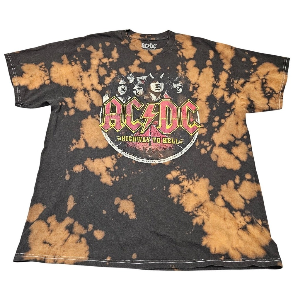 ACDC TShirt Mens Large Black Bleach Tie Dye Highway To Hell Rock Band Tee Edgy‎